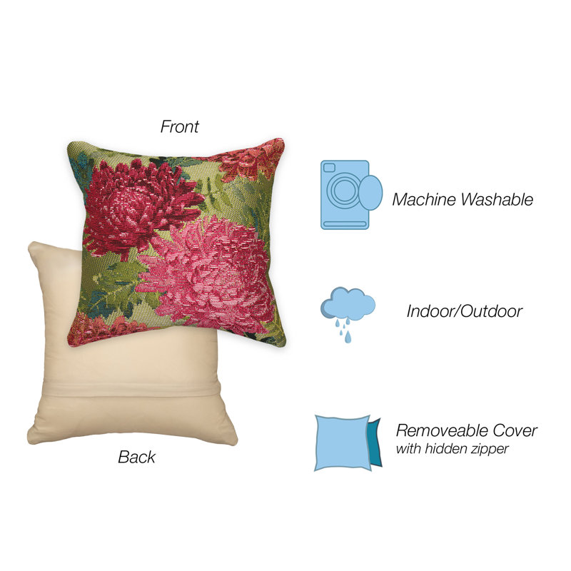 Fuchsia and Green Floral Polypropylene Indoor/Outdoor Pillow, 18" x 18"