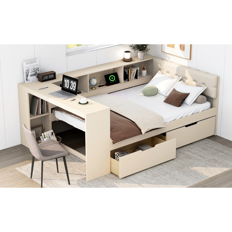 Lit plateforme en bois avec tête de lit tapissier crème avec rangement, station de charge et tiroirs, Lit double