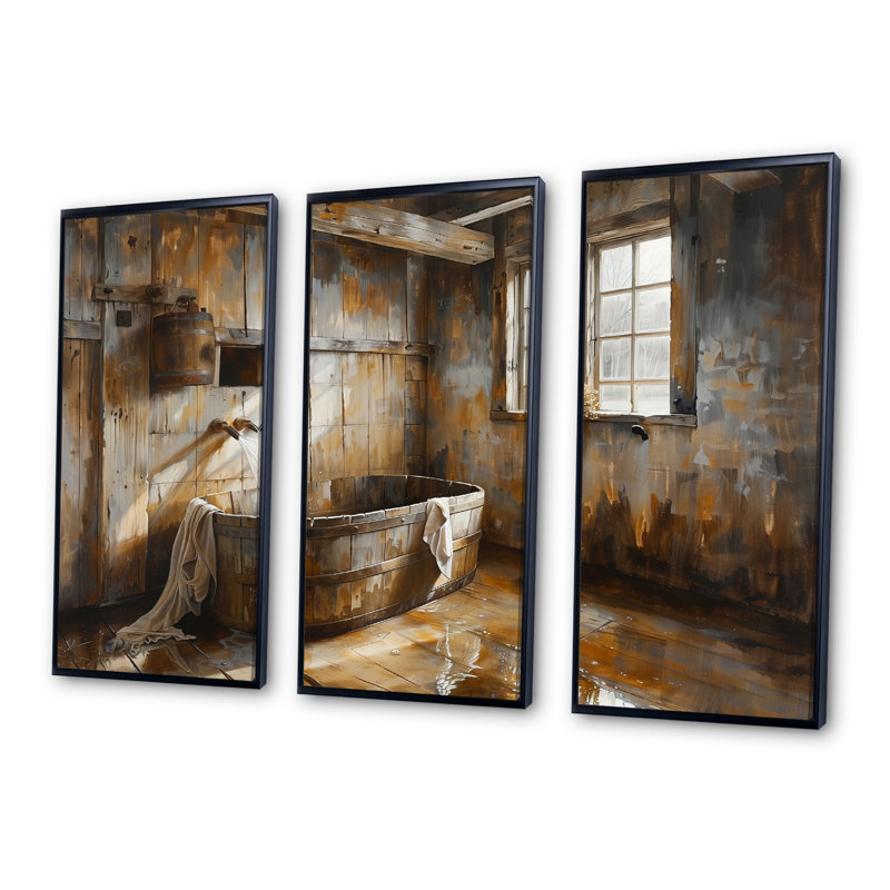 «Brown Rustic Bathroom Charm III», ensemble d'art mural rustique, Toile avec cadre flottant noir, H 28 po x l 36 po x P 1 po