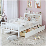 Twin Size Bed with Headboard Storage Rack and Under-Bed Drawers