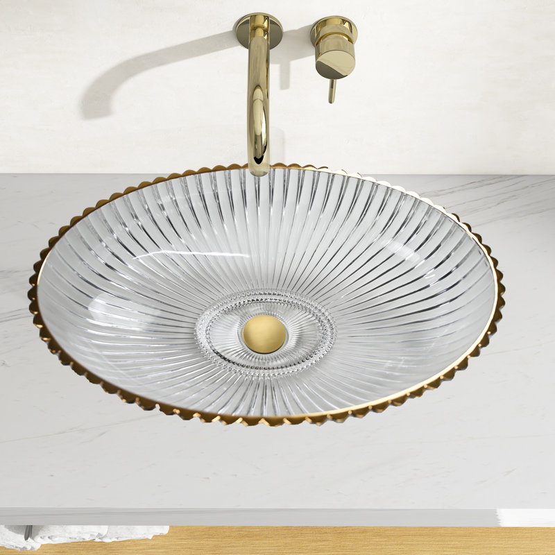 Majestic 21" Glass Oval Vessel Bathroom Sink, Clear/Gold Rim