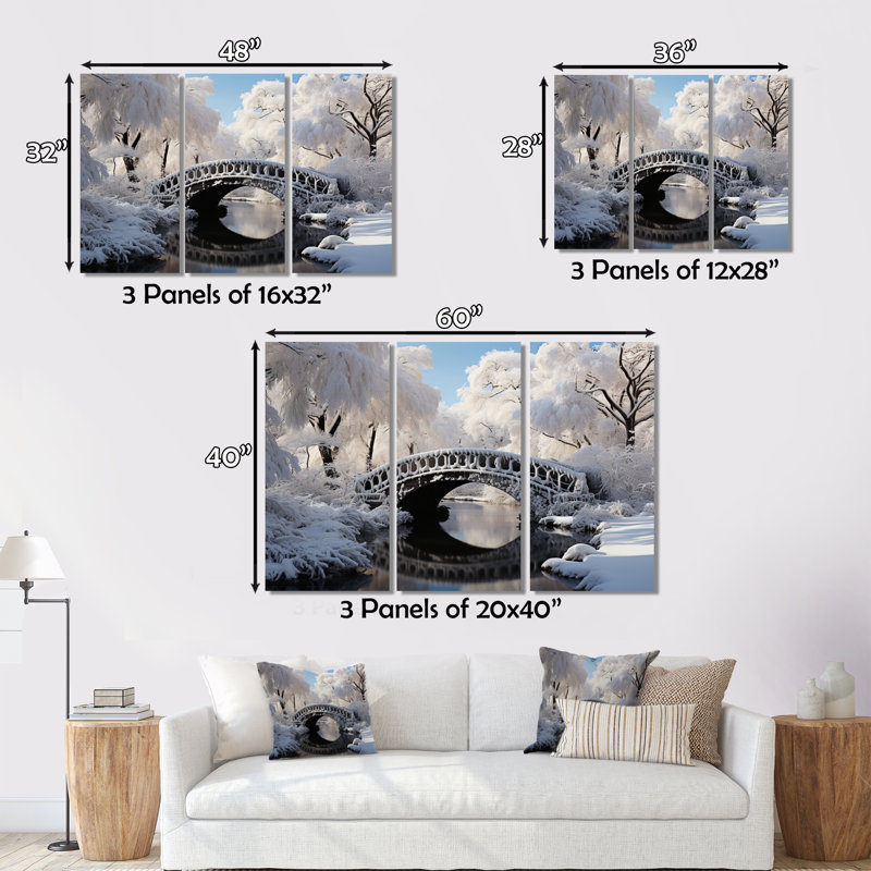 «Winter Landscape Snowy Bridges II» sur toile, reproduction de 3 pièces, H 32 po x l 48 po x P 1 po