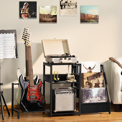 Record Player Stand with Vinyl Storage and Adjustable Guitar Rack