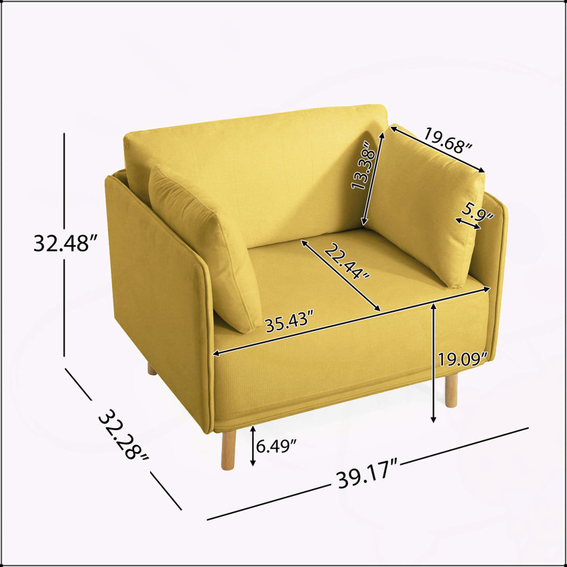 Chaise d'appoint rembourrée moderne de 39 po avec coussins moelleux, Jaune