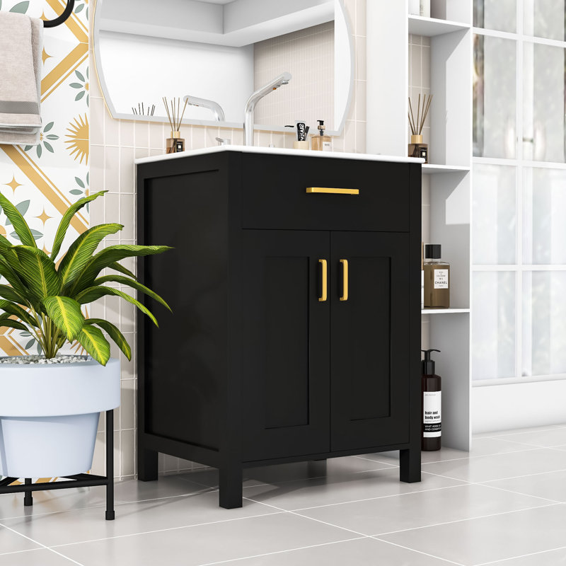 Robby Modern Wooden Freestanding Single Bathroom Vanity with Ceramic Sink and Ample Storage, Black