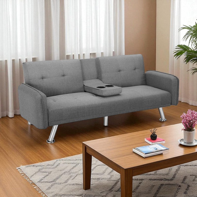 Perdue 74" Wide Futon Sofa Bed, Modern Convertible Couch Sleeper Sofa With 2 Cup Holders, Gray Linen