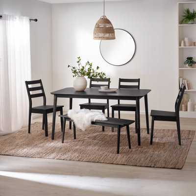 Bhawari Large Black Wooden Dining Table With 4 Chairs & Bench