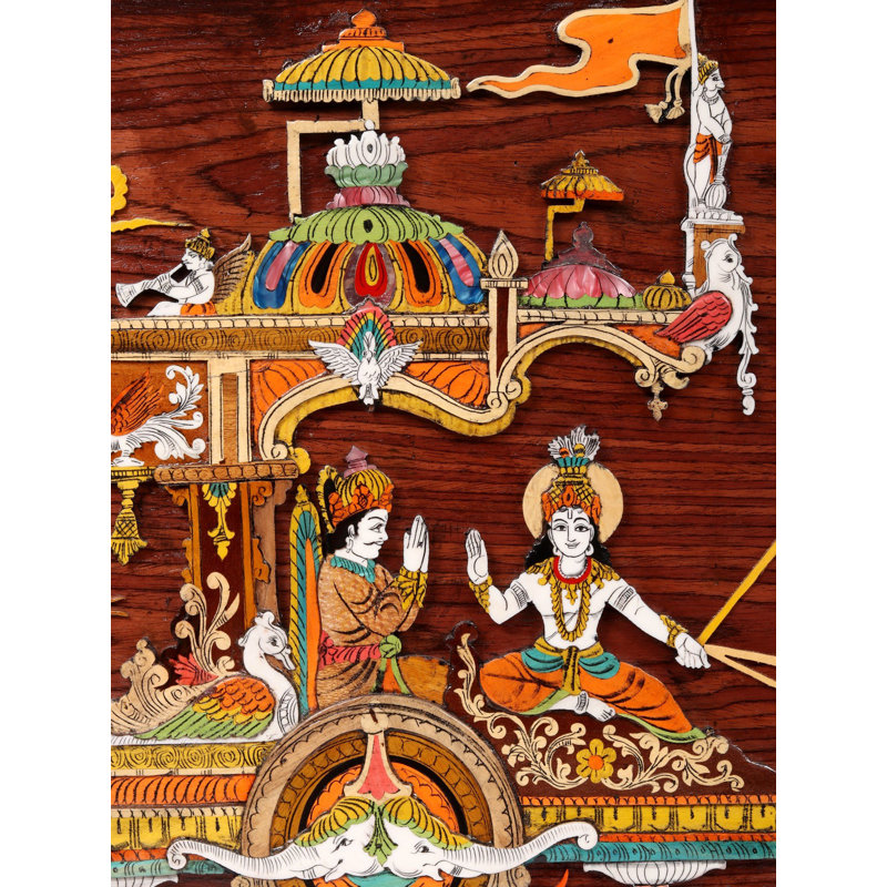 Grand Mahabharata War 3D Wood Inlay Wall Art with Geeta Updesh, 48-Inch for Spiritual Home Decor