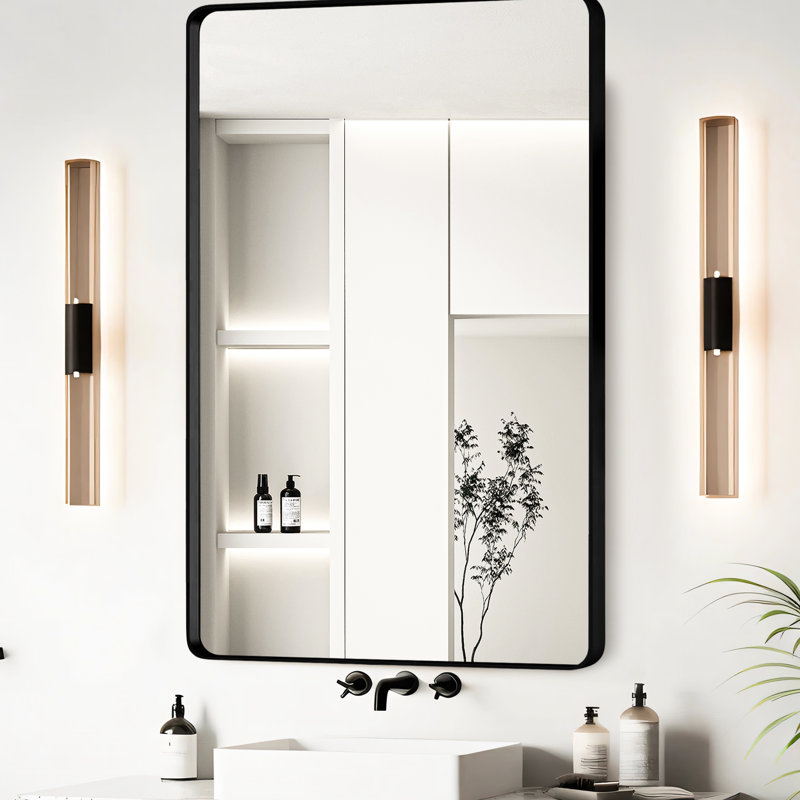 23 po x 30 po, cadre en aluminium noir, miroir de salle de bain, verre flotté à haute définition, transparent et réfléchissant, structure en rouille, preuve, suspension à barre en Z, fixation murale sécurisée, miroir de stratégie de sécurité