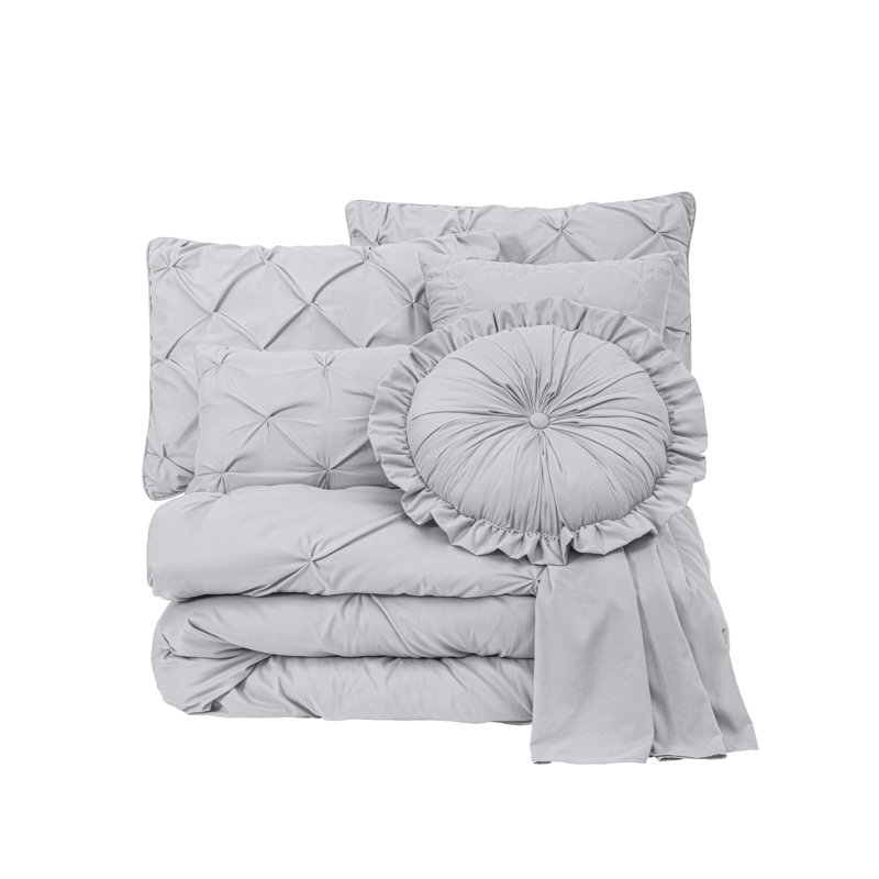 Ensemble d'édredon en microfibre 7 pièces Sydney Pintuck, Édredon de grande taille et 6 pièces supplément, Gris clair