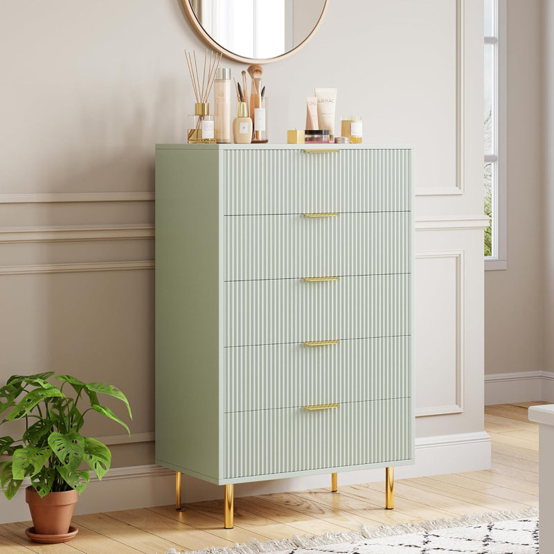 Dresser, Modern 5 Drawer Dresser for Bedroom with Gold Handle and Large Drawer,Double Chest of Drawers, Green