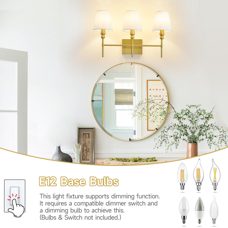Applique murale de salle de bain pour salle de bain avec abat-jour en tissu blanc, H 13,9 po x l 23,6 po x P 7,9 po, Doré