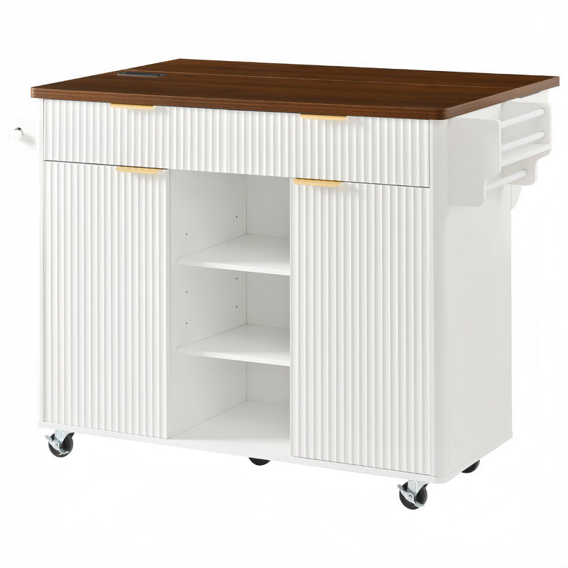 52" Fluted Kitchen Island with Drop Leaf, Power Outlet, Kitchen Storage Cart with Adjustable Shelves, 2 Doors and 2 Drawers, Rolling Island Table with Walnut Color Top for Kitchen