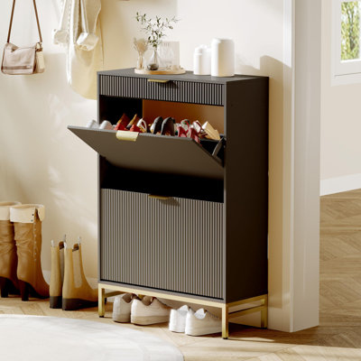 Meuble à chaussures cannelé pour entrée, tablette à chaussures en bois avec 2 tiroirs rabattables et étagère ouverte, rangement à chaussures moderne pour hall d'entrée, couloir et entrée