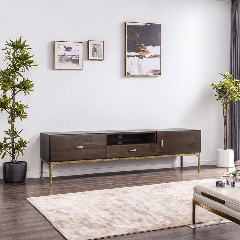 Meuble télé en bois massif avec pieds hauts en fonte, H 19,68 po x L 78,74 po x l 15,74 po