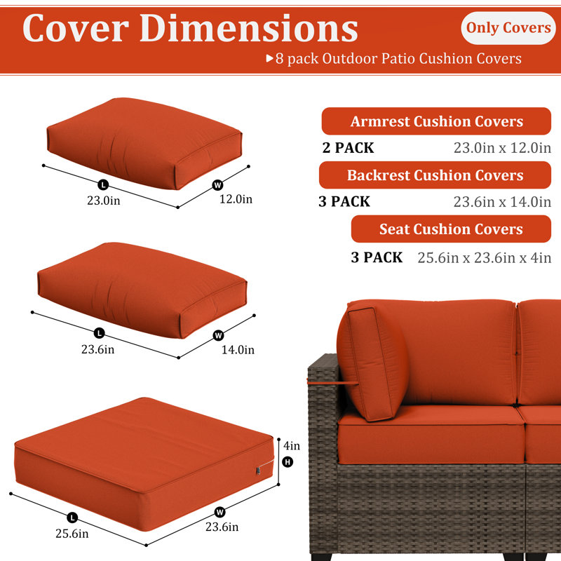 Outdoor 8-Piece 4" Replacement Cushion Set – 3 Seat Cushions, 3 Backrests, 2 Corner Cushions – Cushion Set Only, Orange