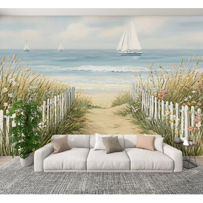 Peel and Stick Wallpaper Beach Coastal Sailboats Seascape Nautical Flower Wooden Wall Murals 100"H x 144"W Removable PVC Wall Paper Self-Adhesive Wall Decor for Bedroom Living Room Home Office