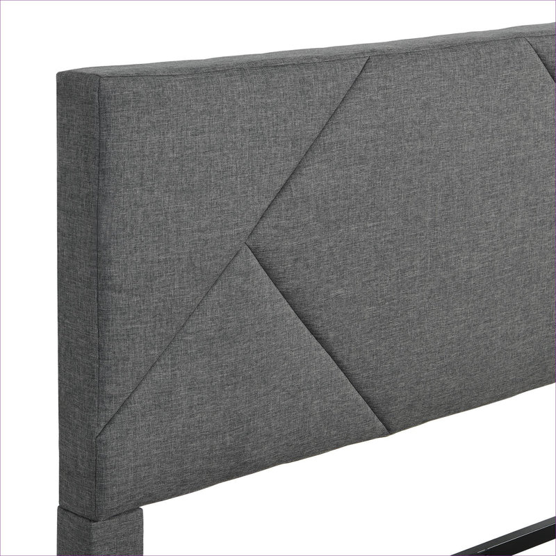 Lit plateforme double rembourré moderne double pleine grandeur, gris neutre avec support en lattes de bois robuste, sans sommier tapissier