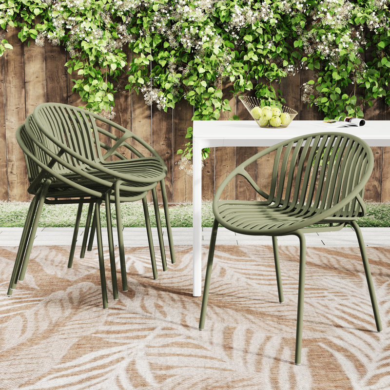 Patio Dining Chairs Stackable Chairs With Breathable Design Modern Simple Art Style (Set Of 2),Metal Legs+Plastic Backrest,Green
