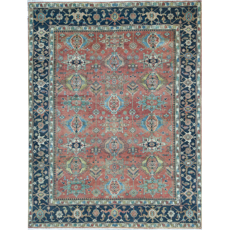 Tapis rouge et bleu noué à la main de haute qualité