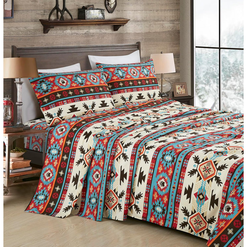 Southwestern Geometric Printed Microfiber Bed Sheet Set, Queen Sheet Set with 2 Pillowcases