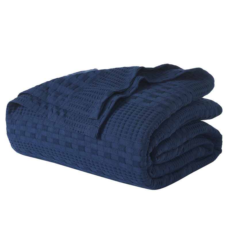 Couverture 100% coton gaufré bleu marine Waffle, Bleu, Lit simple