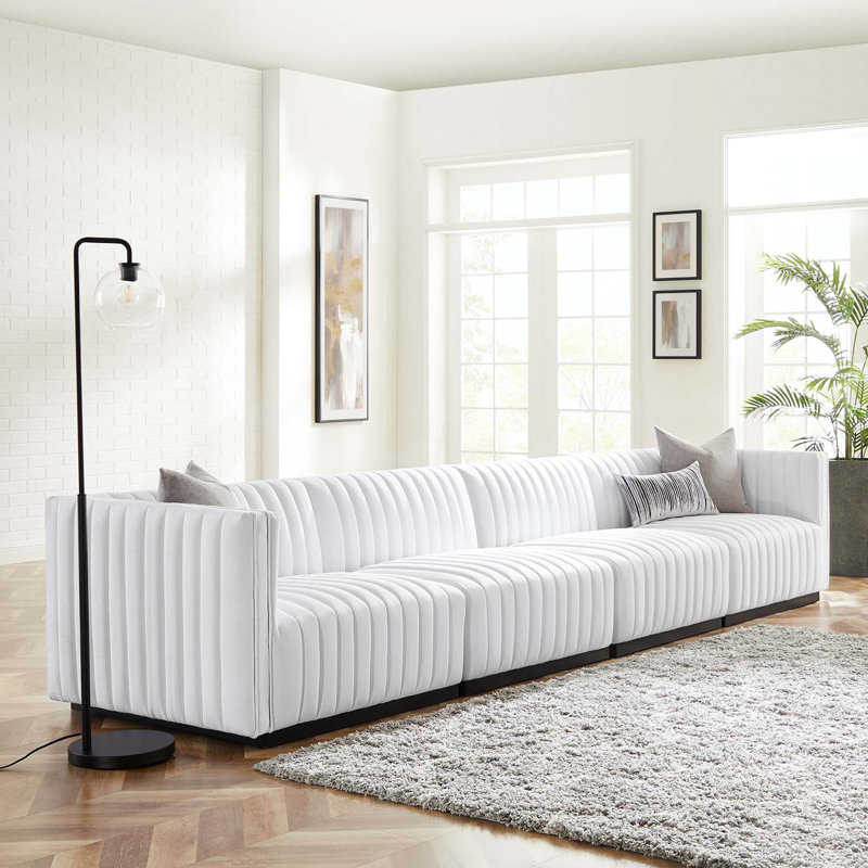 Conjure Channel Tufted Sofa by Modway, Black, White Polyester, 28" H x 155" W x 36.5" D