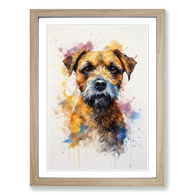 Border Terrier Gestural - Single Picture Frame Print on Wood, Oak Framed, 34cm H x 25cm W x 2cm D
