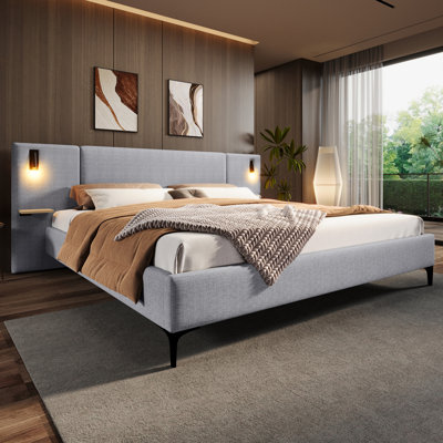 Grand lit plateforme tapissier avec lumières DEL et tablettes de rangement, cadre de lit moderne en tissu, gris