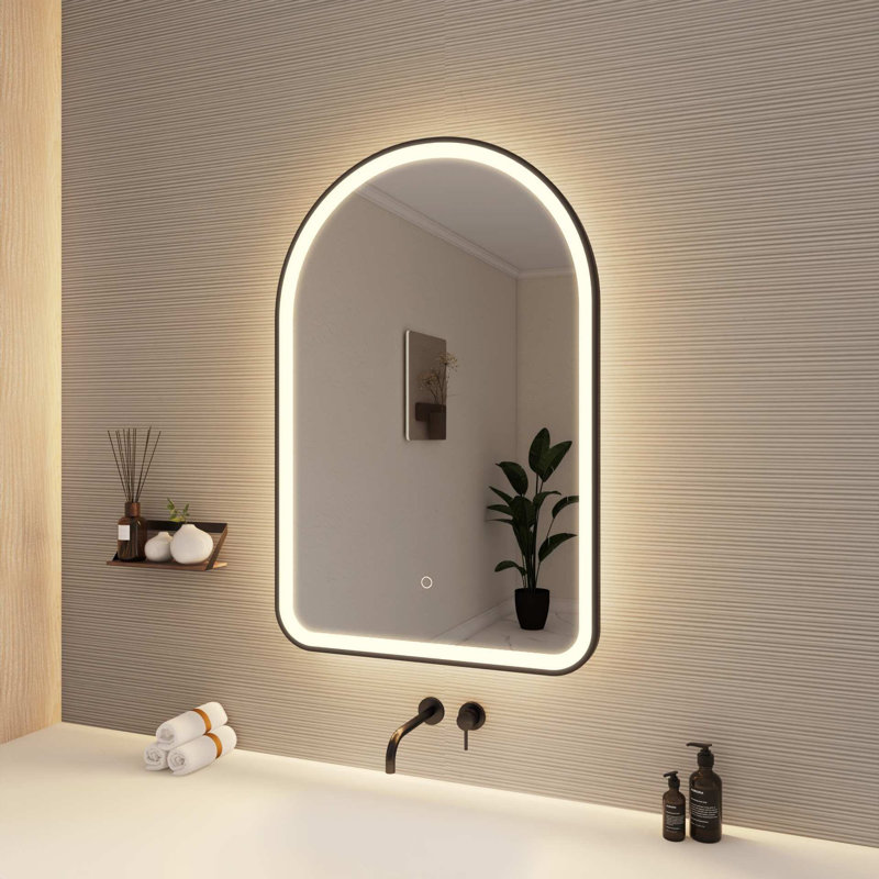 36 Inch Arch LED Front and Backlit Wall Mirror in Black, Black, 36" x 24"