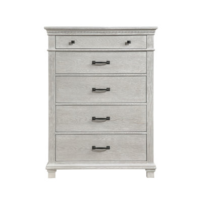 Avy Tall Dresser Chest, Light Mist Gray Pine Wood, 5 Spacious Drawers