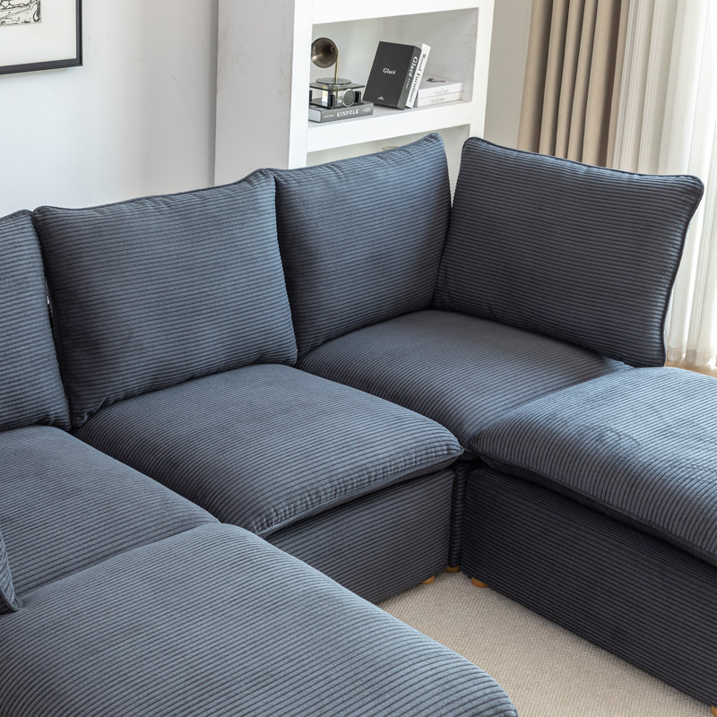 Hepworth Dejohn Corduroy Sectional Sofa With Two Ottomans, 36" H x 95.5" W x 62.5" D, Gray Corduroy