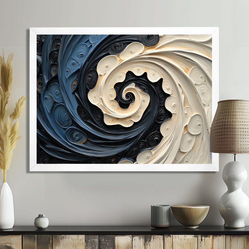 Abstrait vortex cosmique noir et blanc I - Collages abstraits, art mural, H 16 po x l 32 po, Cadre simple, Blanc