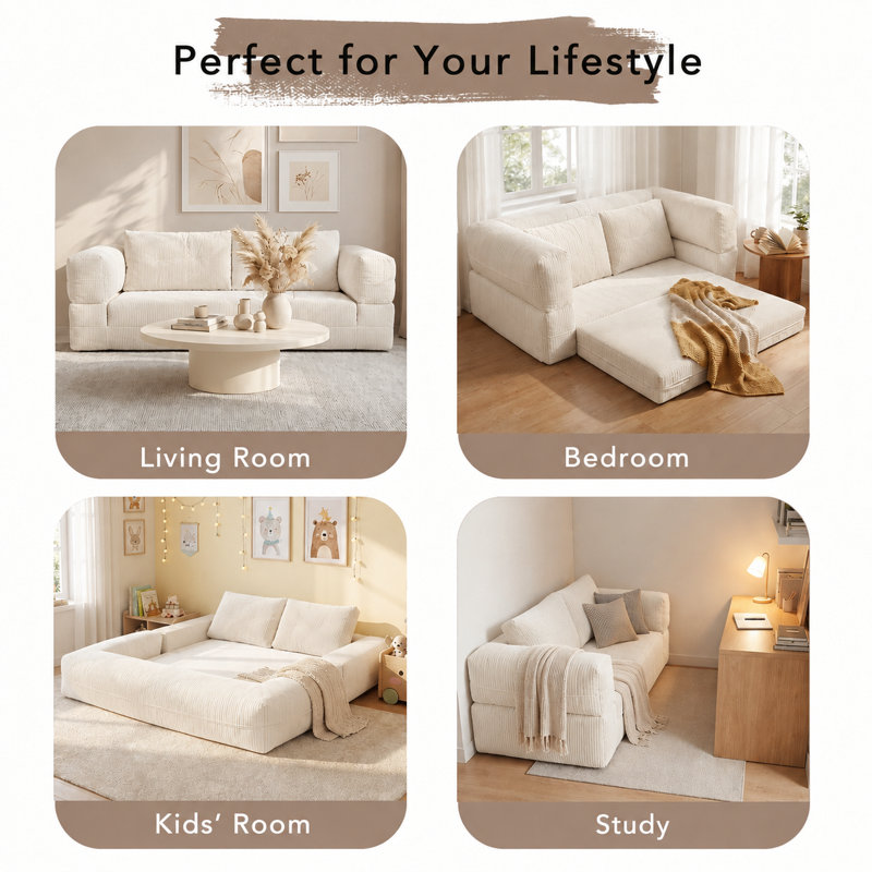 Cream Corduroy 2 Seater Sofa Bed, Compressed with Washable Cover & No Assembly 