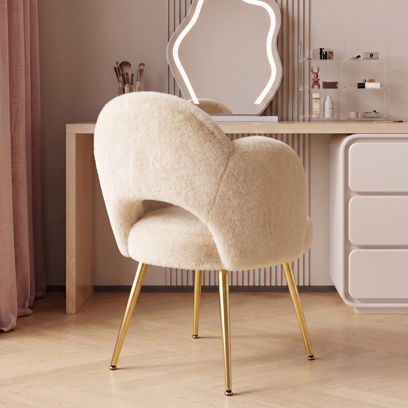 Chaise de coiffeuse en fourrure avec dossier fleuri et hauteur réglable, antidérapante, Beige