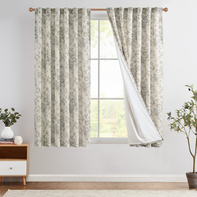 Linen Blackout Peony Flower Printed Rod Pocket Curtain Pair