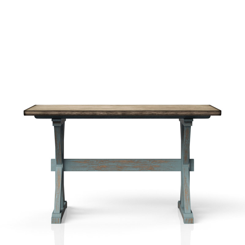 Table de salle à manger à hauteur de comptoir avec base en X en bleu, bois et solide