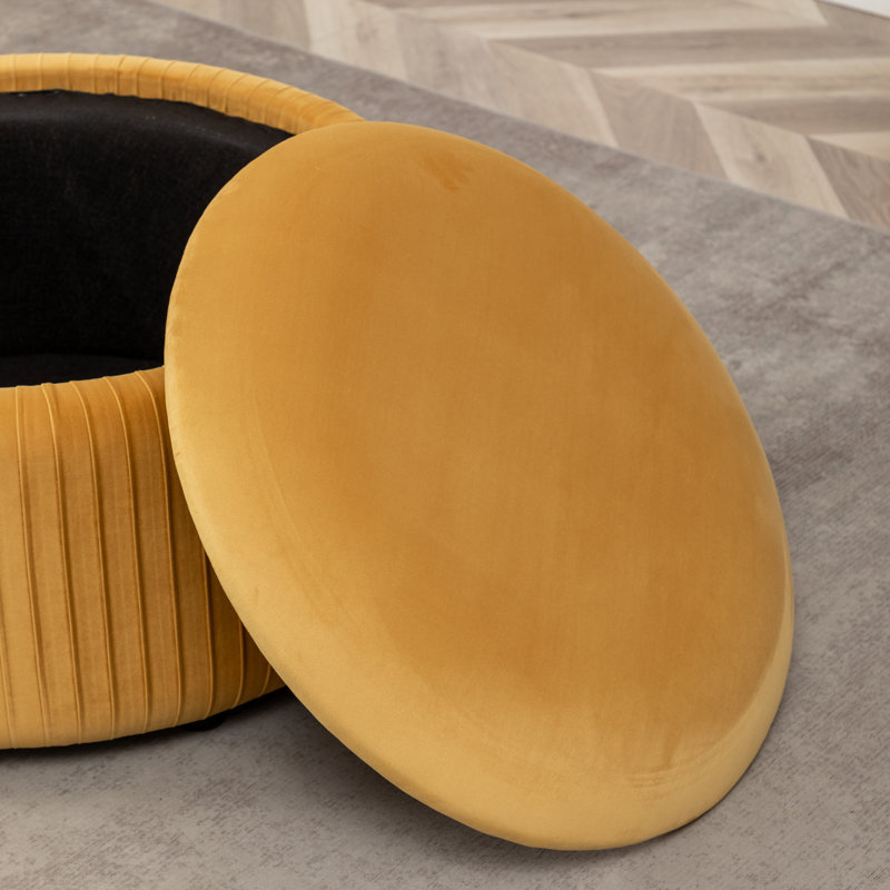 Savinien Upholstered Round Storage Ottoman, Yellow Velvet