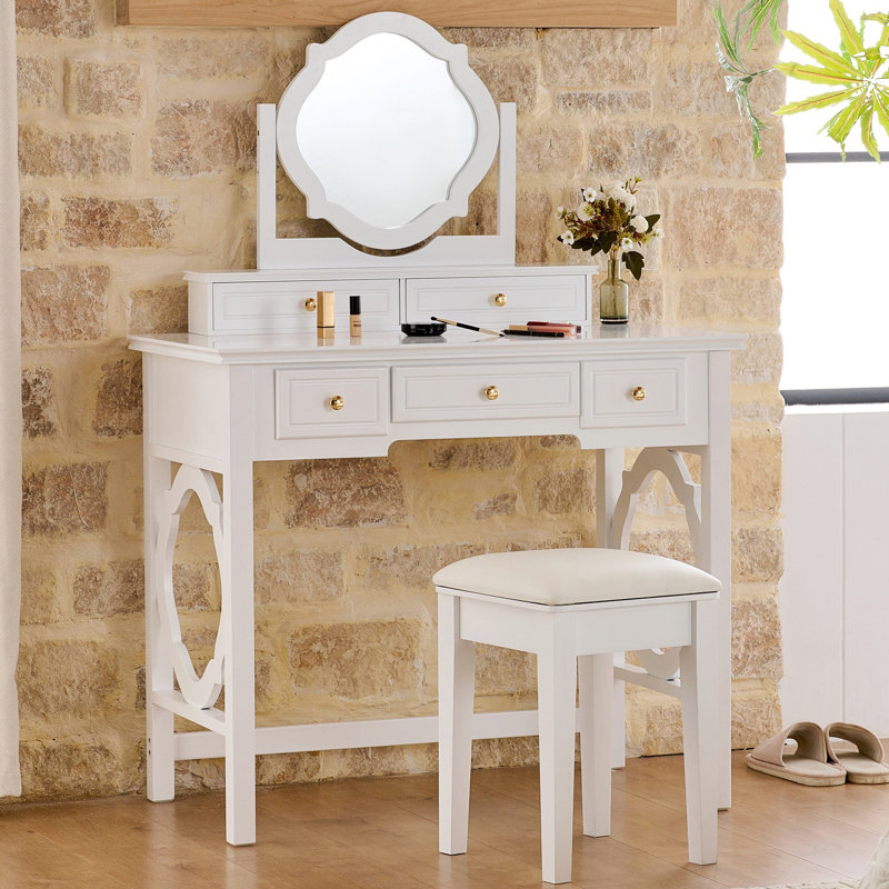 Coiffeuse compacte avec miroir réversible, coiffeuse avec tabouret, coiffeuse compacte pour petits espaces, blanc