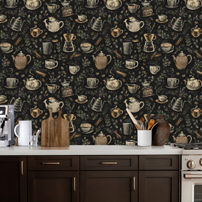 Peel and Stick Wallpaper Chalkboard Coffee Tea Doodle Seamless Vintage Elements Contact Paper Removable Self Adhesive Wall Mural Wall Decor for Bedroom Kitchen Cabinets 17.7in x 118in