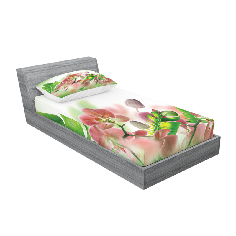 Drap-housse et coussin décoratif Ambesonne Spring, pêche et vert, Ensemble de draps pour lit simple + deux taies d'o