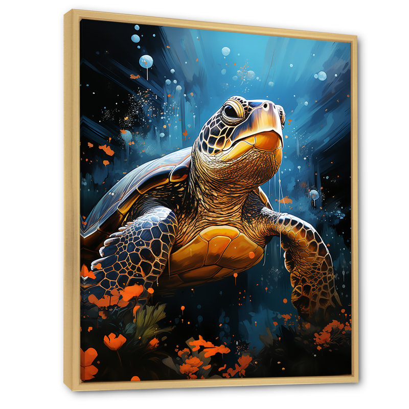 «Curious Underwater Sea Turtle IV», reproduction sur toile, Cadre naturel flottant, H 44 po x l 34 po x P 1,5 po