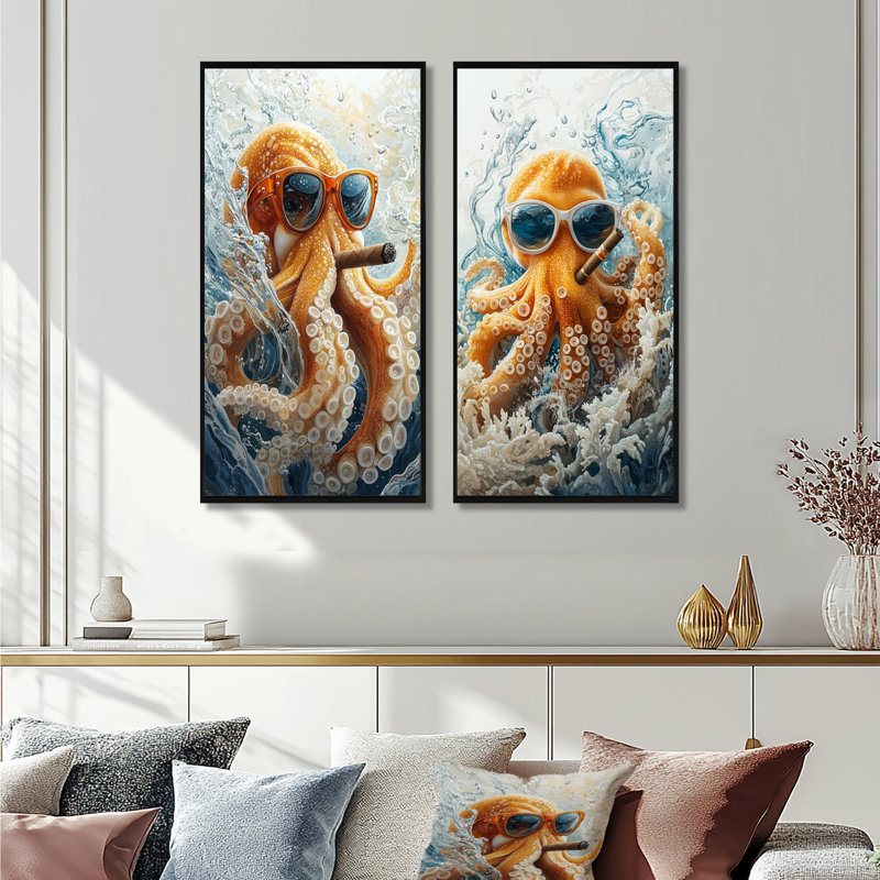 Orange Octopus With Glasses Smoking In The Ocean I - Octopus/Squid Animal Wall Art 2 Pieces Set, 32" H x 32" W, Black