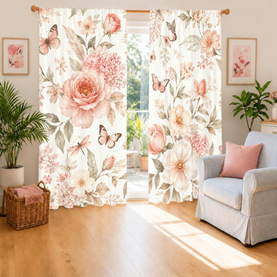 2Pcs Vintage Floral Butterfly Curtains, Light Filtering Fabric, Rod Pocket Design, Shading and Privacy Protection, for Living Room, Bedroom, Balcony, Kitchen Home Decor