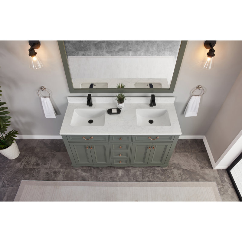 Meuble-lavabo double 60 po en bois massif avec plateau en pierre reconstituée 1 po, Étain, vert