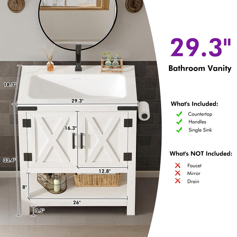 Chimira 30" Farmhouse Single Bathroom Vanity with Storage , White, White, 30"