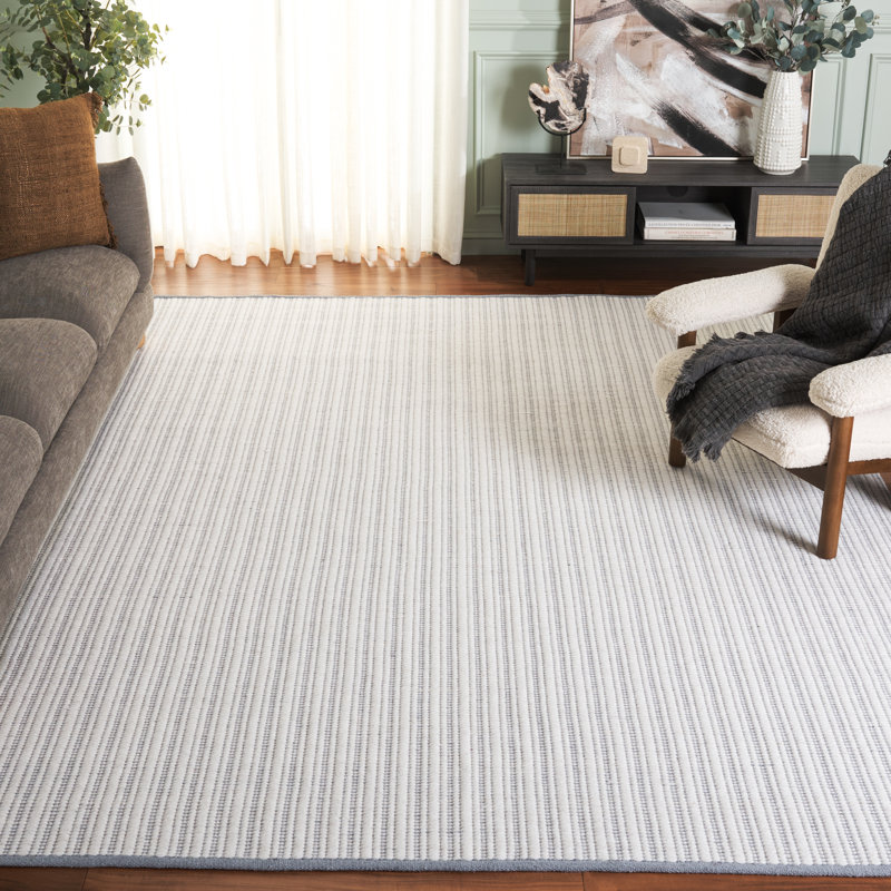 909 Hand Woven Cotton/Wool Striped Rug , Rectangle 8' x 10', Gray/Ivory