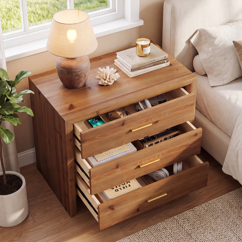 Table de chevet 3 tiroirs, table de chevet en bois massif de 31,5 po, 2