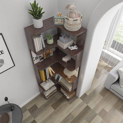 6 Tier Freestanding L-Shaped Corner Bookshelf For Living Room, Bedroom, Wooden Bookcase with anti-drop panle and anti tipping device, Display shelf Open storage rack Organizer for Home Office