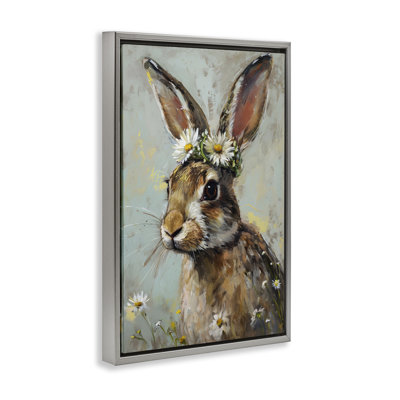 Bunny & Daisy Crown Gold Framed Floater Canvas by Petal Prints Design